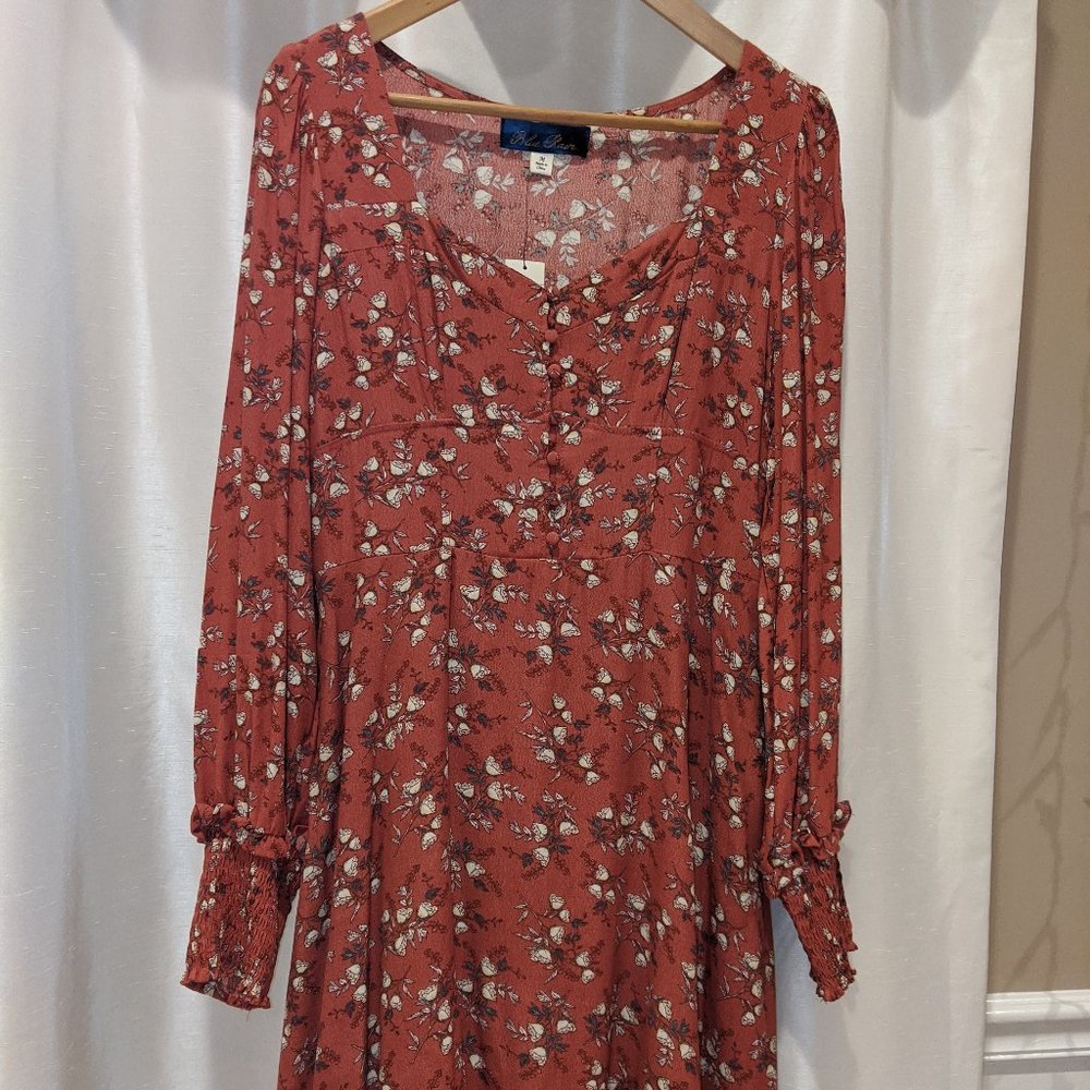 Floral Long Sleeve Peasant Dress, M